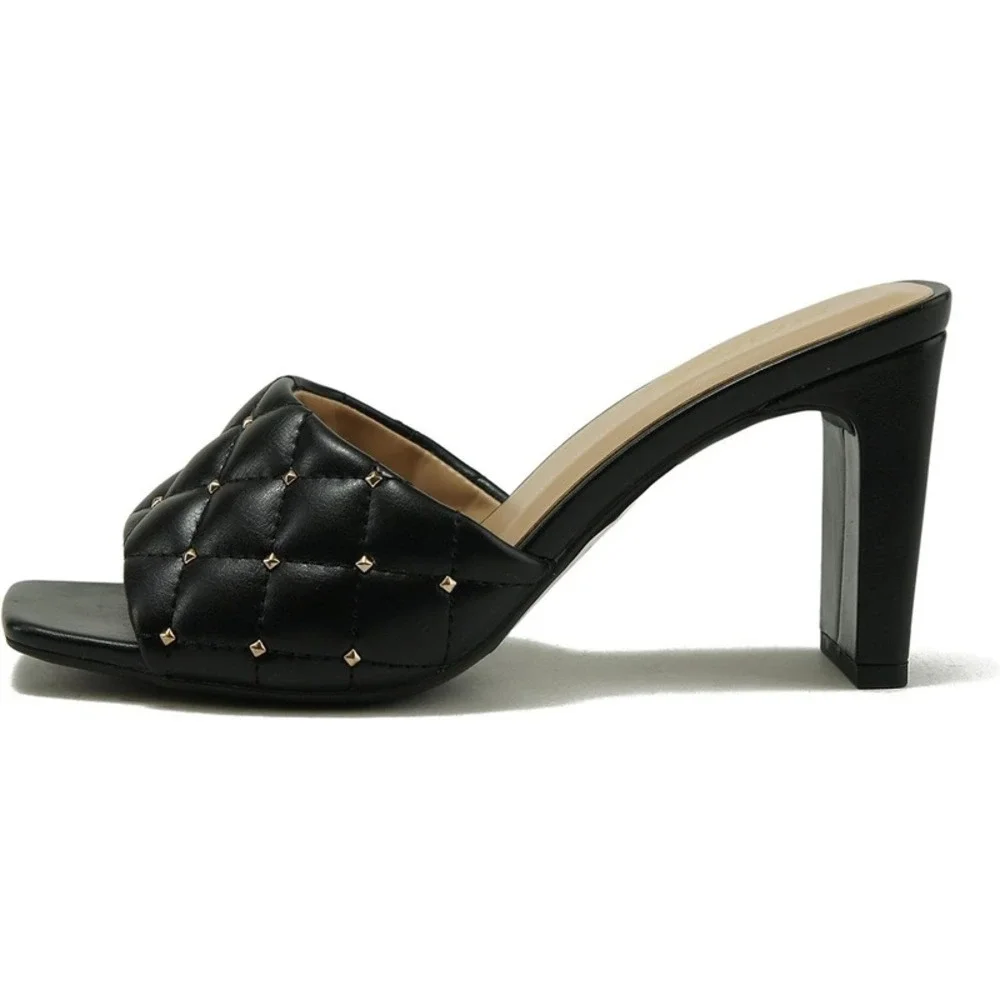 Women's Diamond Quilted Stud Block Heel Slide Sandals Black Open Toe Size 8.5